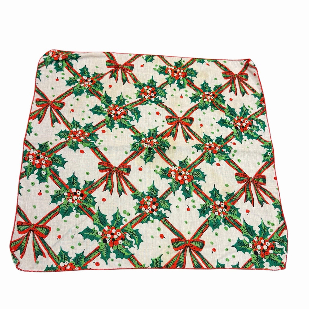 Vtg 60s MCM Christmas Napkin (1) Holly & Berries Holiday RARE Replacement Stains
